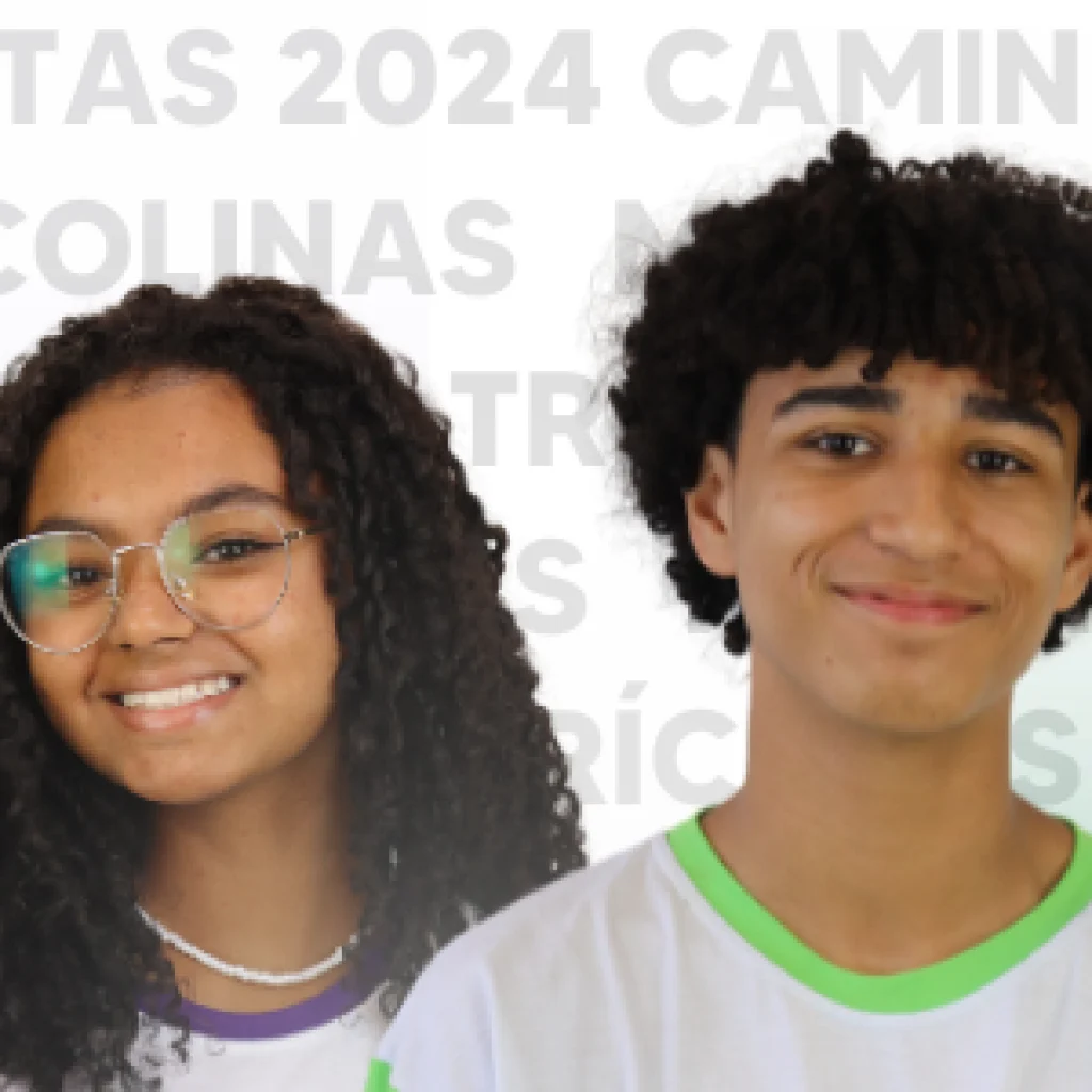 Imagem de alunos anunciando que as matrículas de 2024 para o colégio Caminhos e Colinas estão abertas